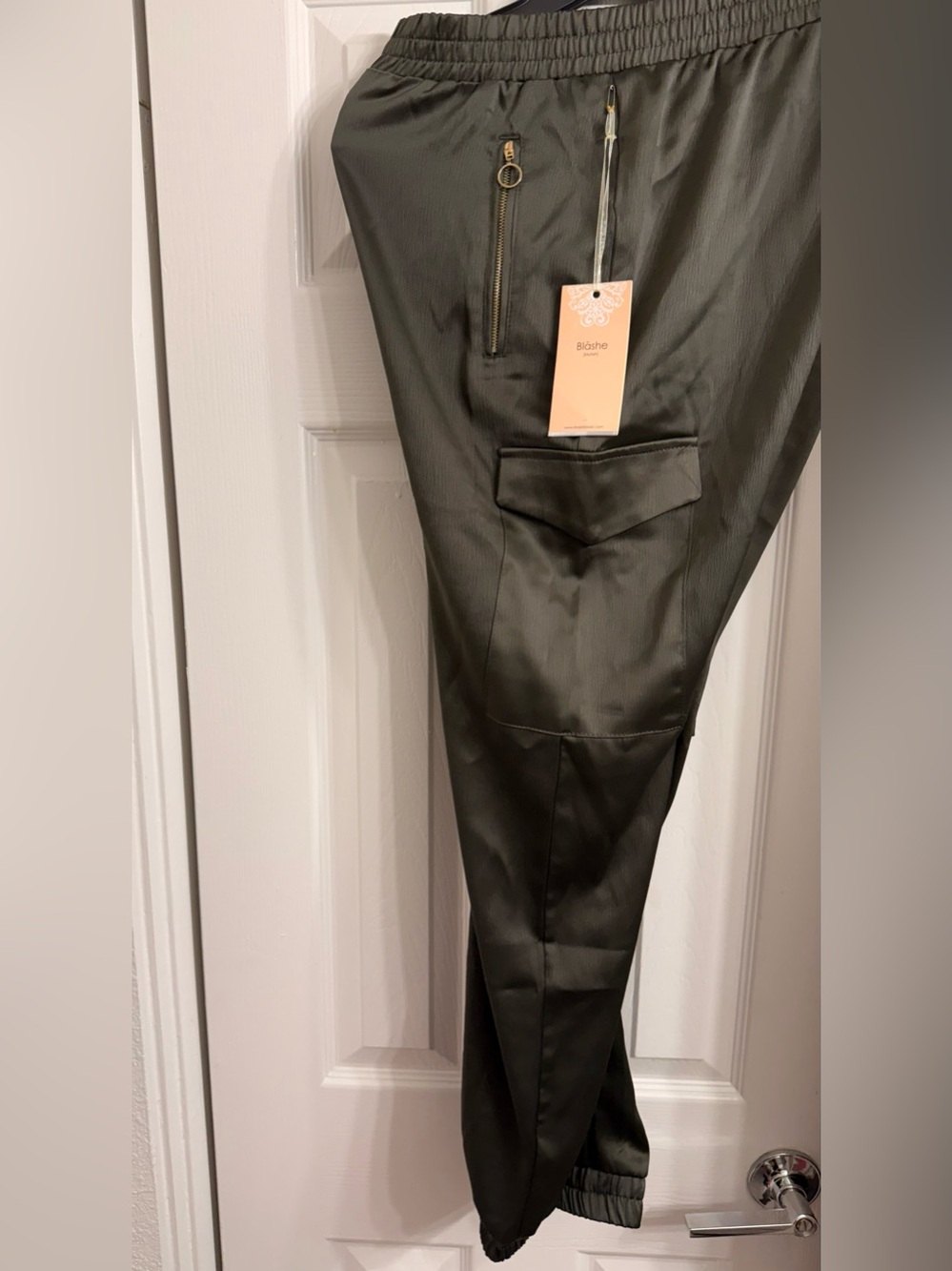 Olive Green Satin Cargo Jogger Pants - Elastic Waist